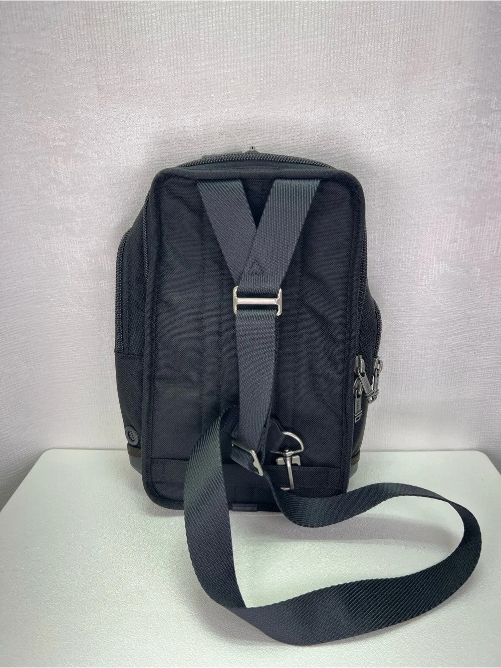 TUMI Alpha Bravo Monterey Men's Sling Bag Black Nylon with Brown Leather Accents